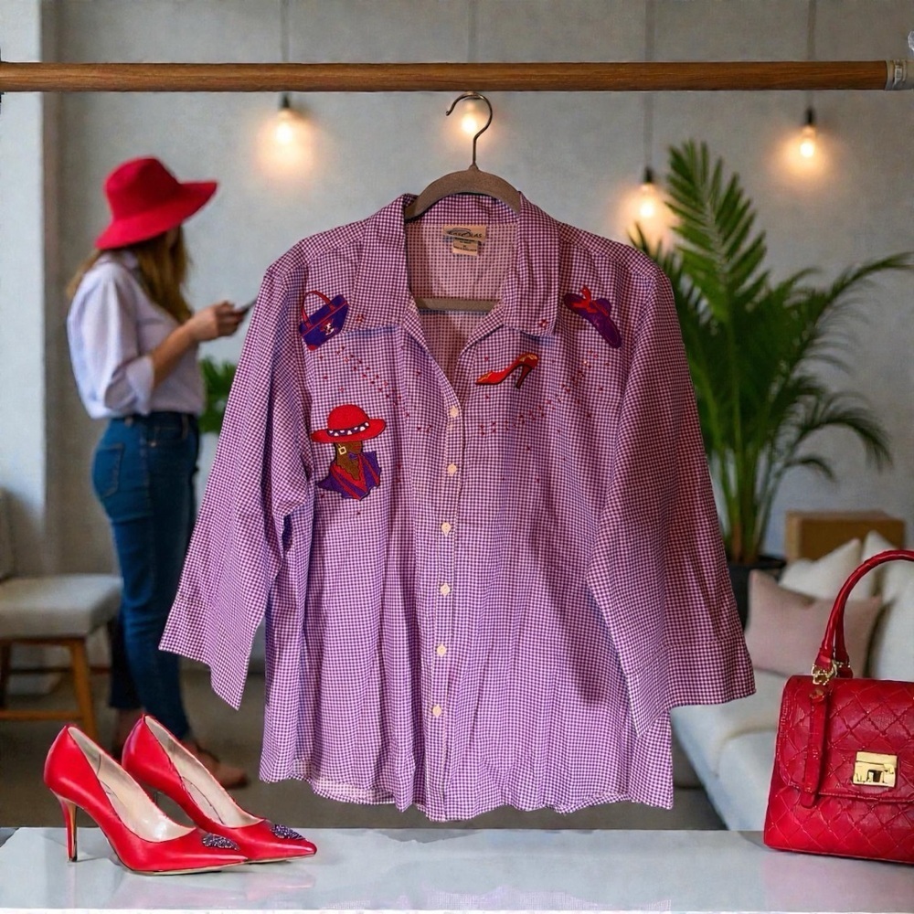 Vtg Las Olas Womens Shirt Size Small Cotton Retro Dress POODLE Red Hat BLING ART
